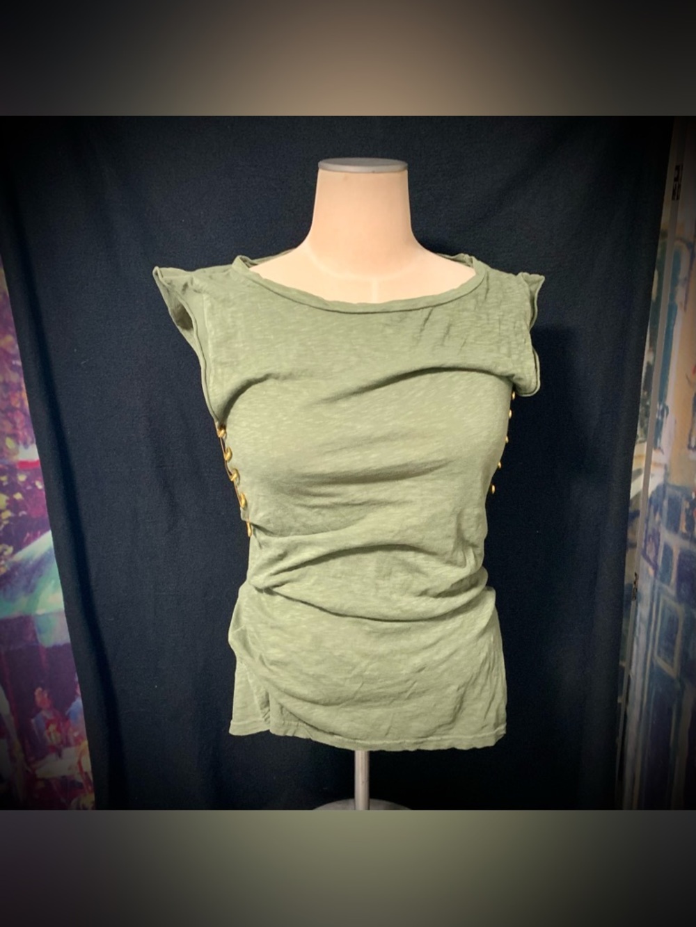 Sauce Olive Green Safety Pin Side Detail Tunic Top Womens Boho Punk Style